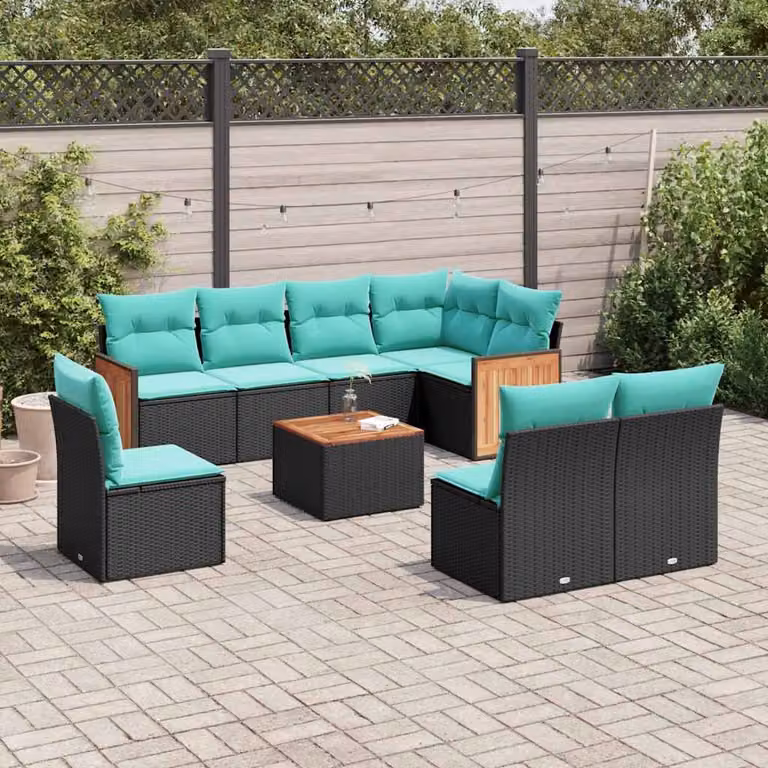 Set di divani da giardino vidaXL in polyrattan nero con cuscini e tavolino da esterno a forma di U