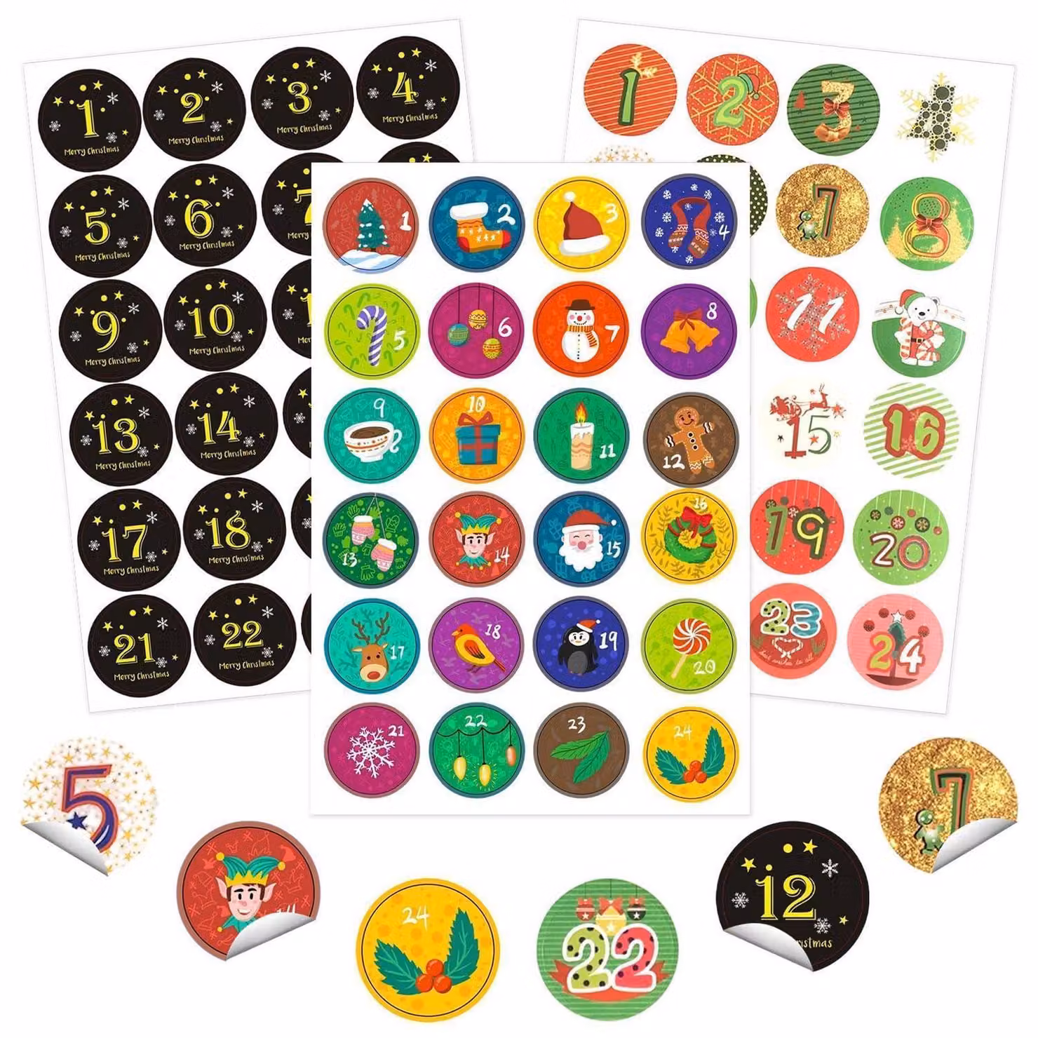 3 fogli di adesivi numerati per calendario dell'Avvento, con numeri da 1 a 24, diametro di circa 45 mm, con motivi natalizi
