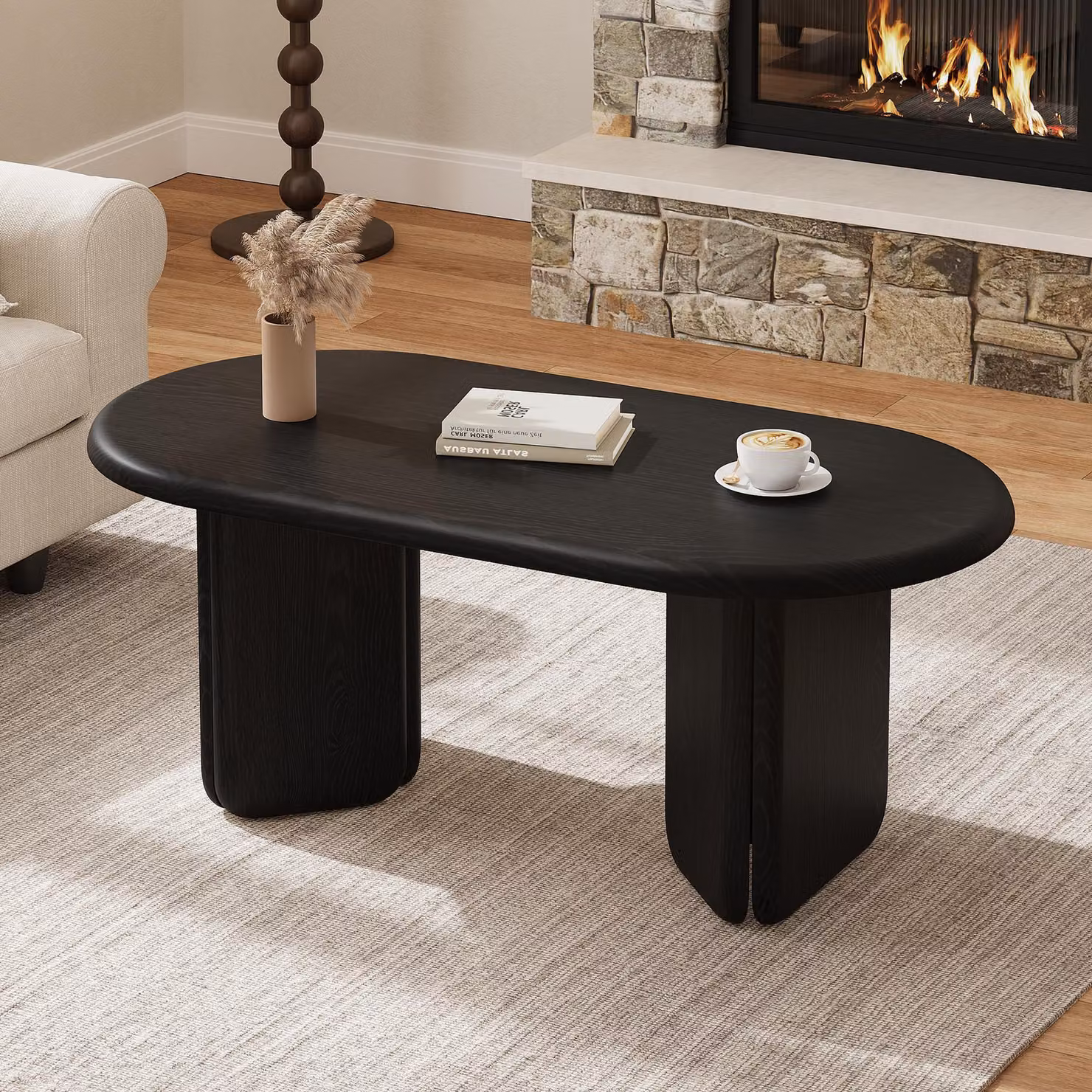 Tavolino ovale "okwish" con finitura effetto noce, tavolino da divano con gambe distintive, tavolino moderno, colore nero