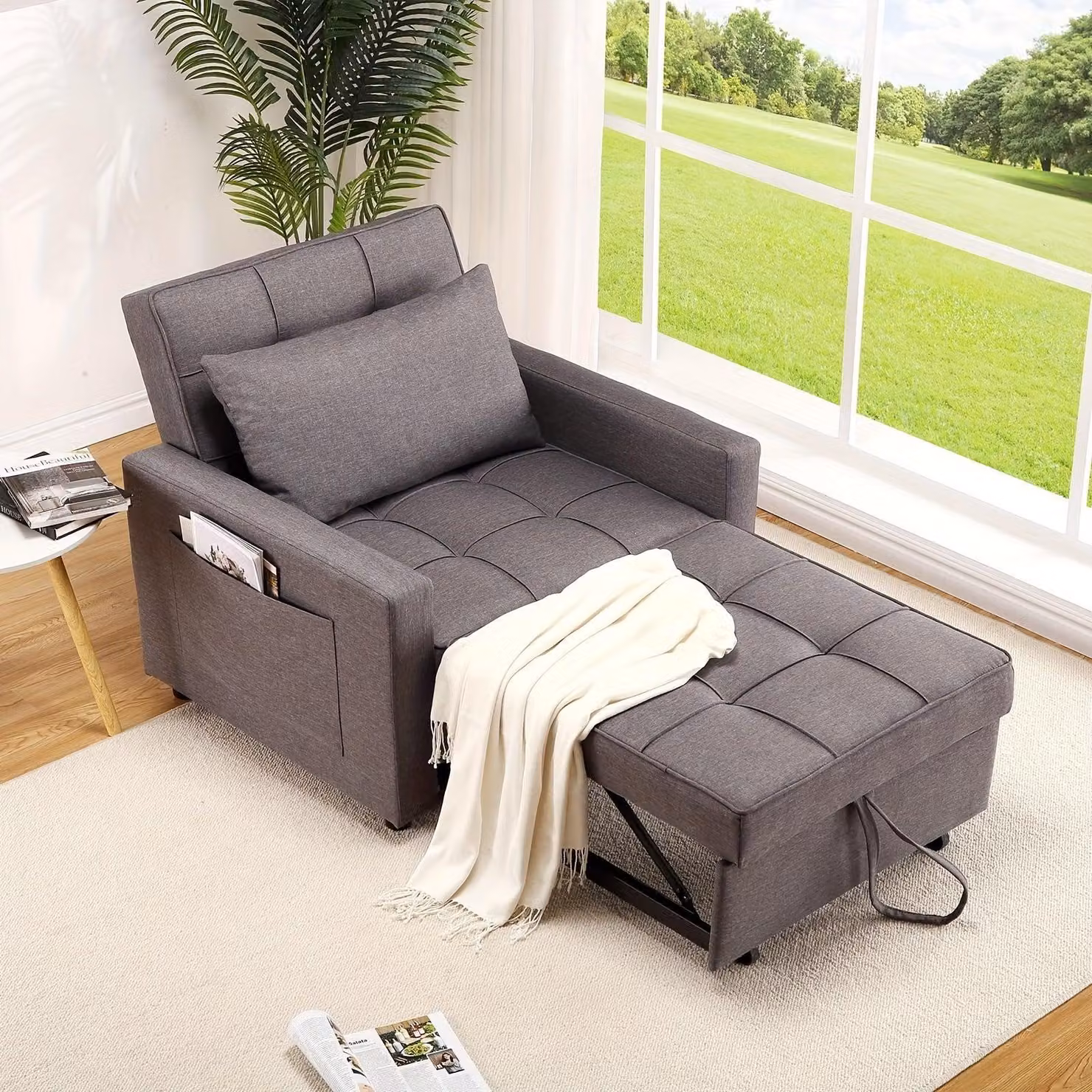 Poltrona 3-in-1: divano letto, poltrona relax, poltrona reclinabile. Schienale regolabile da 90° a 180°