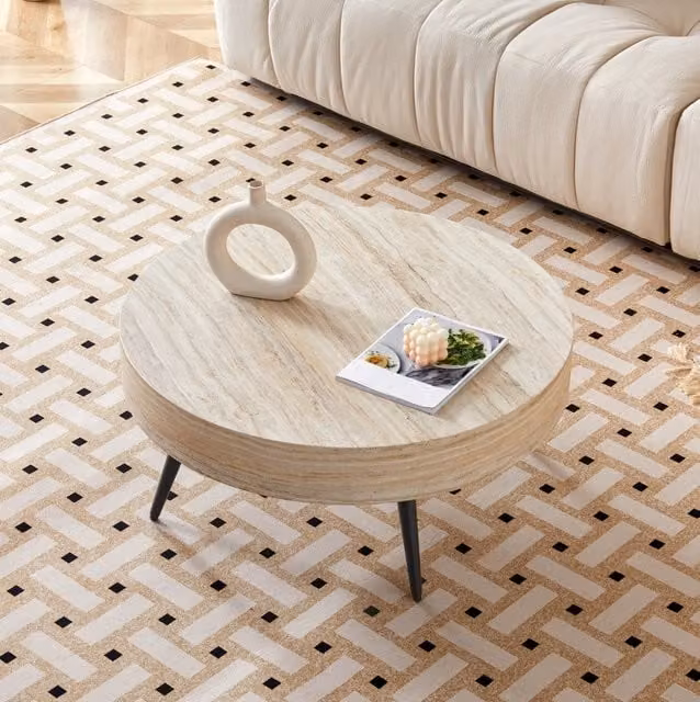 Tavolino basso rotondo 70x70x35,5 cm nero/travertino chiaro, piedi regolabili, MDF/metallo