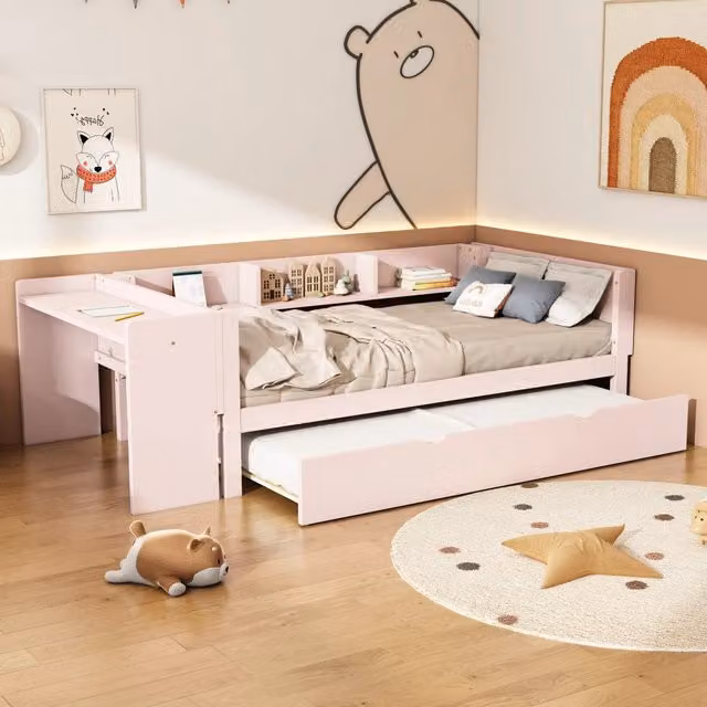 Letto Mivray con letto estraibile, scrivania e tre ripiani laterali in legno e MDF, colore rosa, 90 x 200 cm