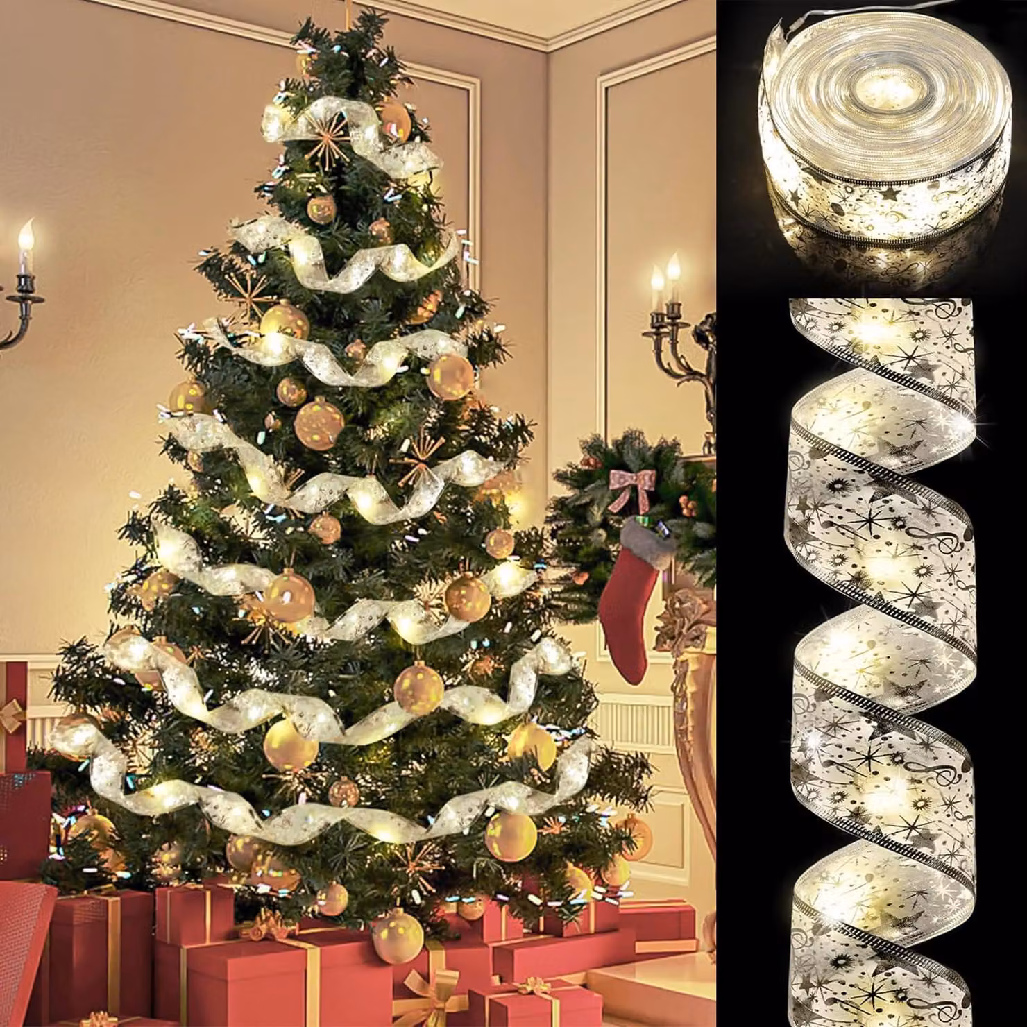 Catena luminosa da 5 metri, 50 LED, nastro scintillante, decorazione natalizia
