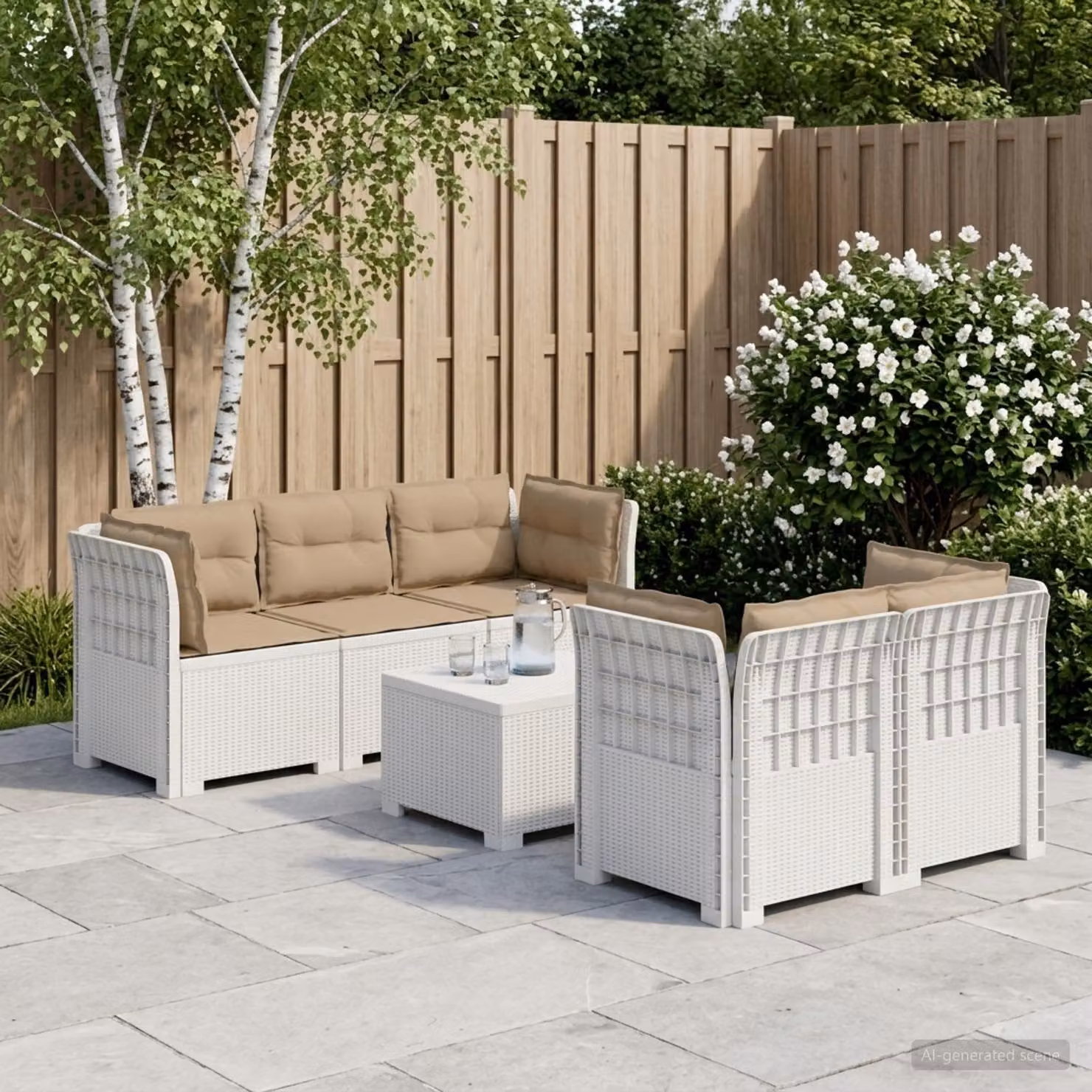 Set da giardino vidaXL a forma di L con divano da 3 posti, elemento angolare, tavolino da caffè e cuscini, in polyrattan bianco e beige
