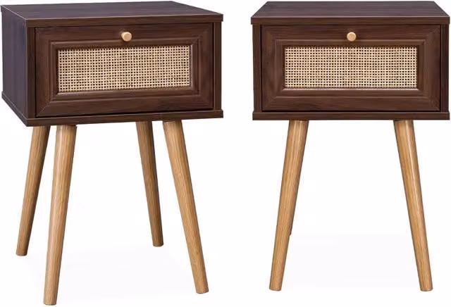 Set di 2 comodini Sweek in stile mid-century con effetto legno scuro e dettagli in rattan, colore marrone – 1