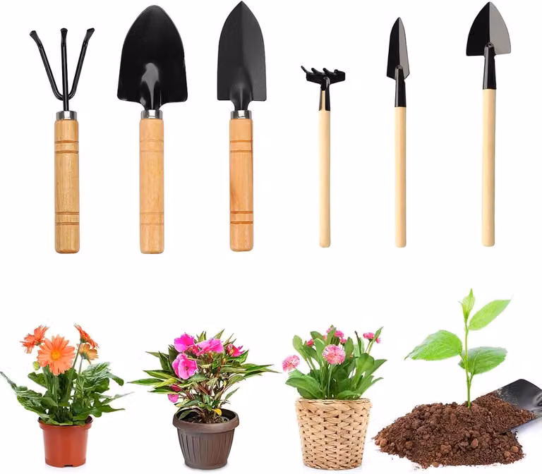 Set di mini attrezzi da giardinaggio, 6 pezzi, con manici in legno, ideali per balconi e bonsai