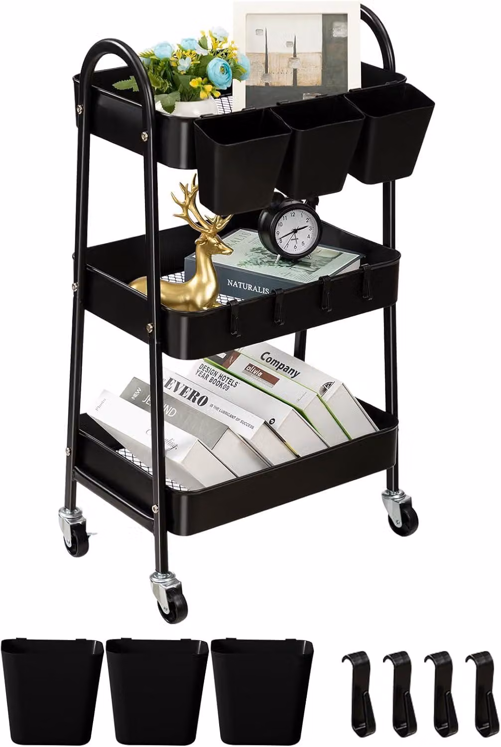 Carrello metallico a 3 ripiani, con ruote, ganci e portabicchieri, mobile, adatto per cucina e bagno