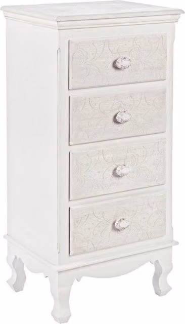 Cassettiera con 4 cassetti Clorine GIORDANOSHOP in legno MDF bianco stile shabby chic con decoro floreale finitura opaca