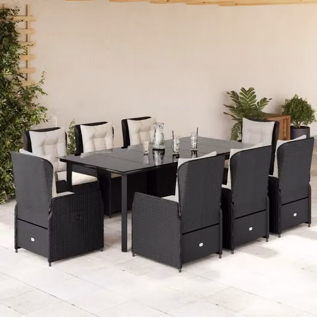 Set da pranzo da giardino vidaXL in polyrattan nero con cuscini bianchi e tavolo in vetro