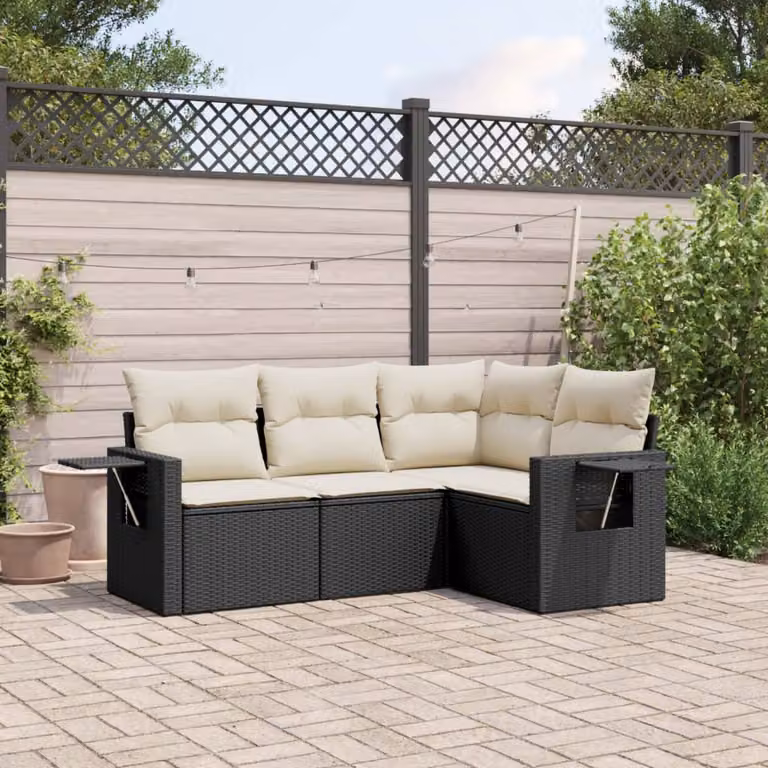 vidaXL Set Divani da Giardino a L 4 pz con Tavolino, Polyrattan e Cuscini, Nero e Bianco