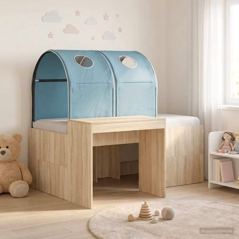 vidaXL Letto Singolo con Tunnel per Bambini in Legno e Tessuto, Rovere e Azzurro, 80 x 160 cm