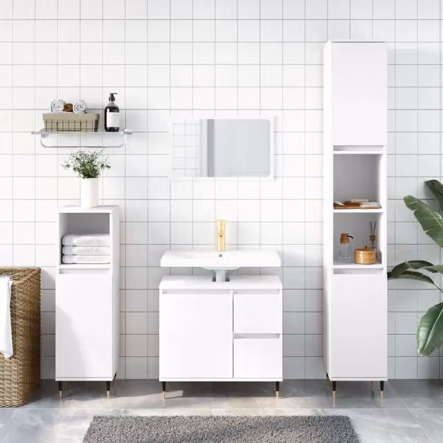 Set di mobili da bagno moderno vidaXL in 3 pezzi bianco con legno e metallo H: 190 x L: 65 x P: 33 cm