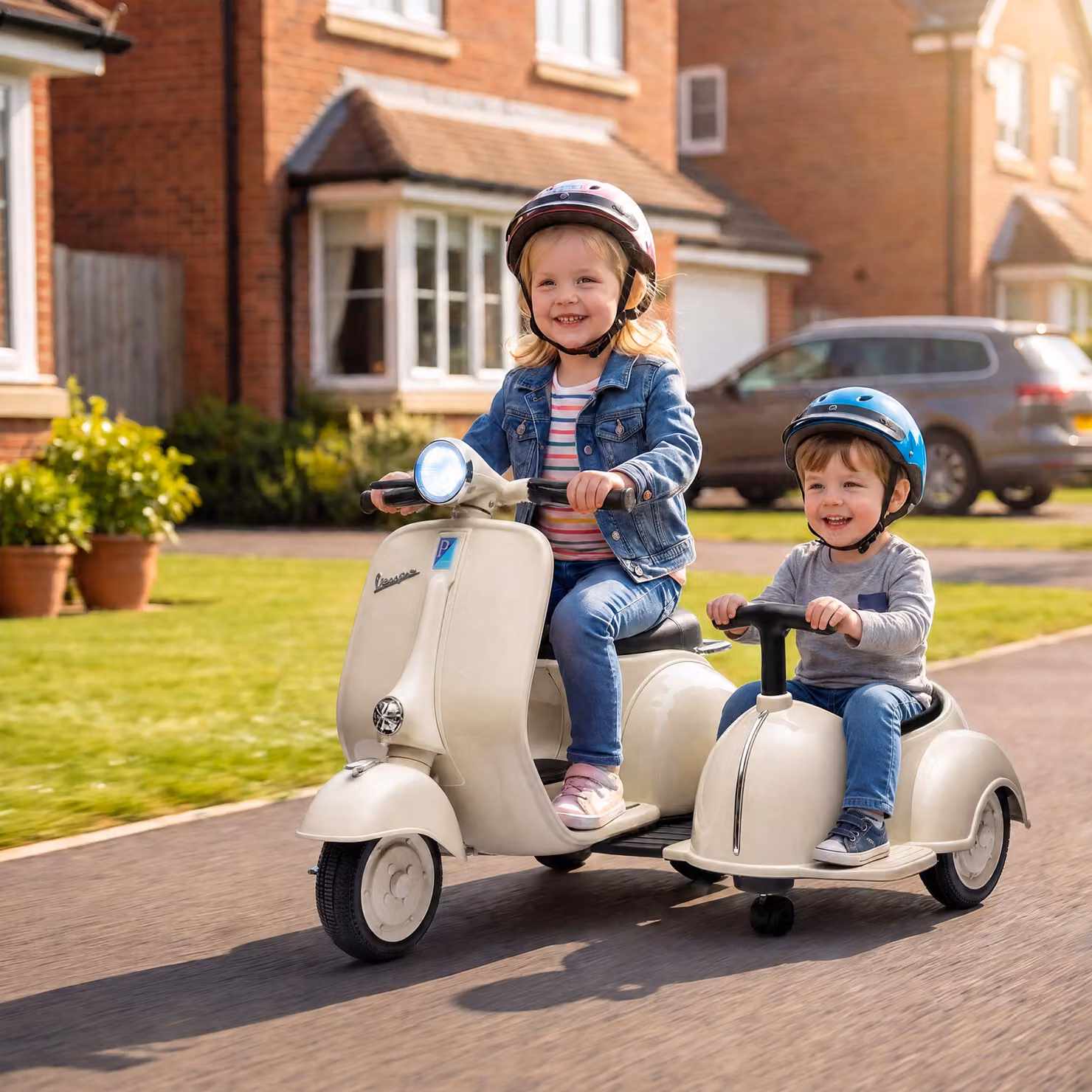 Moto elettrica AIYAPLAY modello Vespa a 2 posti con luci, musica, USB e portaoggetti, colore beige – 2