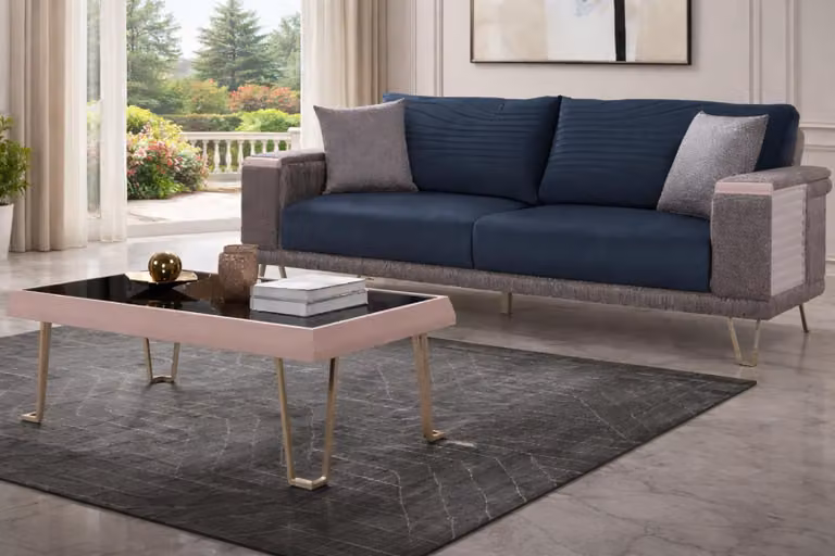 Elegante set da salotto: divano imbottito e tavolino in legno di design, 2 pezzi