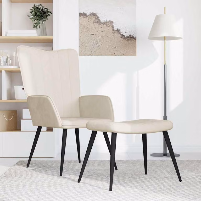 vidaXL Poltrona Relax con Sgabello in Velluto Bianco Crema con Struttura in Metallo