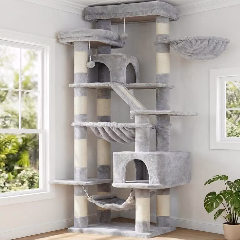 Albero per gatti con palo per graffiare - altezza 180 cm - 2 rifugi, 2 amache e 3 superfici per graffiare - colore grigio chiaro