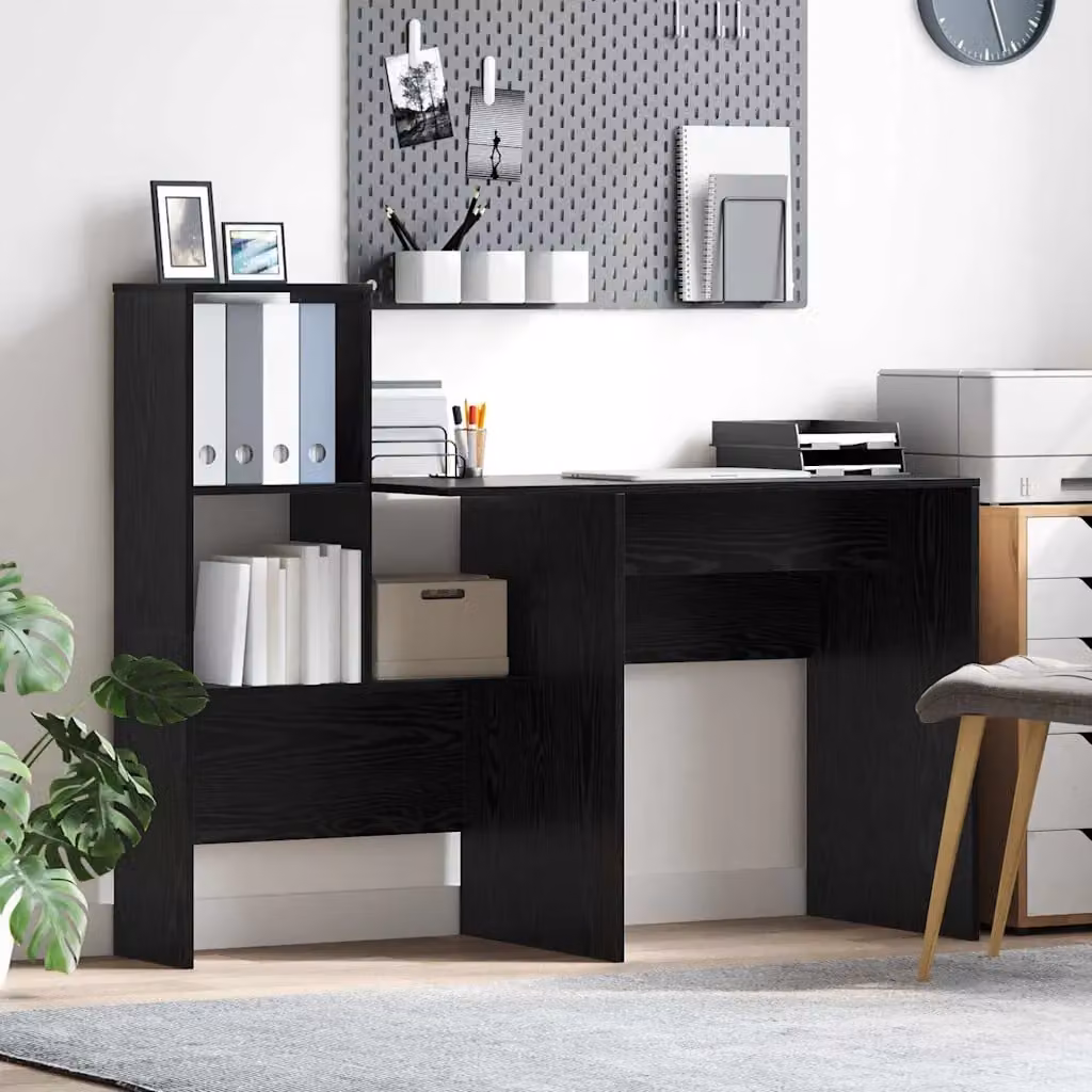 Scrivania moderna vidaXL per ufficio o casa in legno MDF color nero e rovere, L: 131,5 cm, P: 50,0 cm, H: 75,0 cm