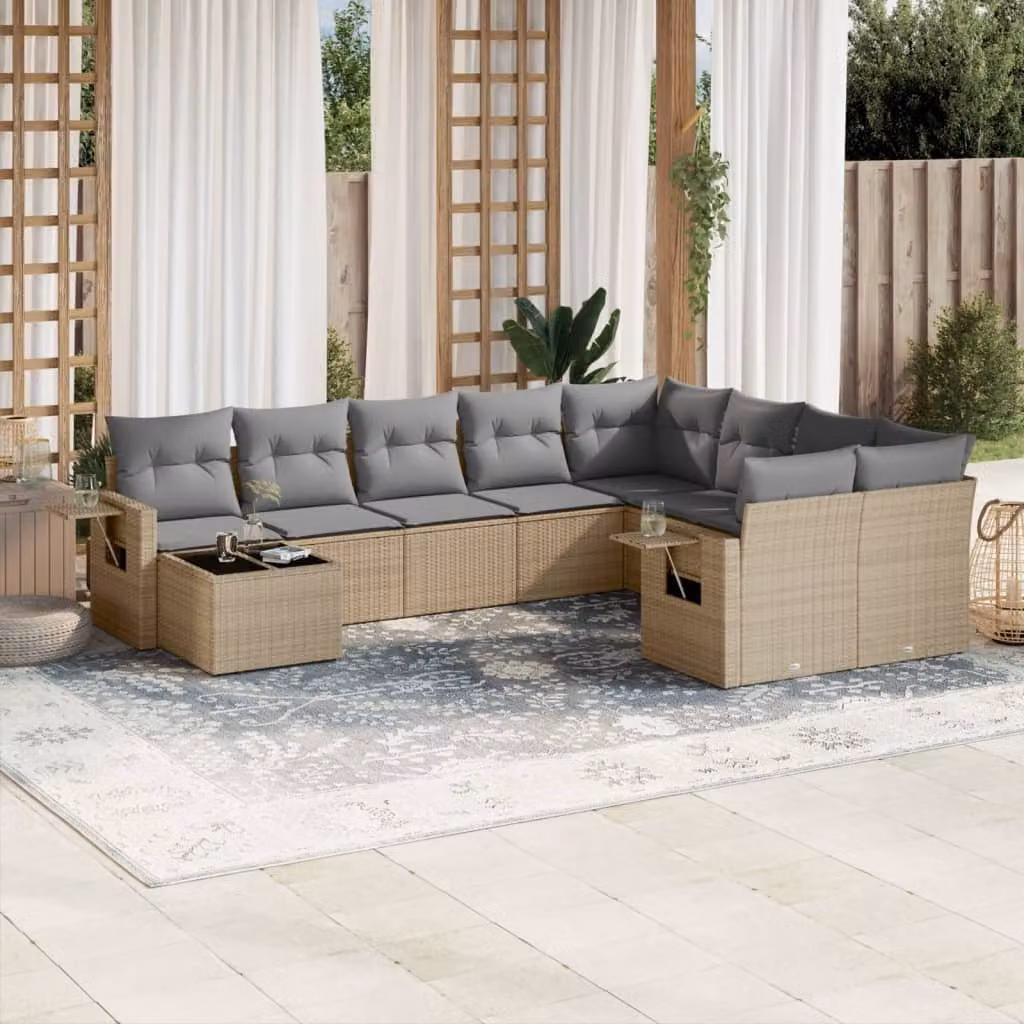 Set Divano da Giardino vidaXL 10 pz in Polyrattan con Cuscini Beige e Tavolino – 1