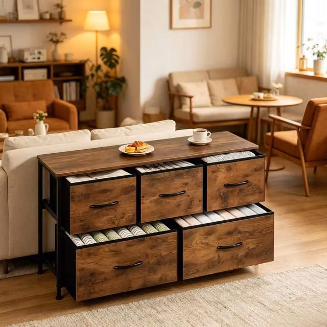 Mobile da ingresso ULEVR 100x54x30 cm con 5 cassetti in tessuto, marrone vintage