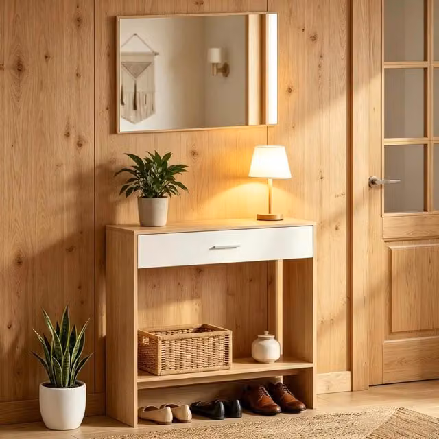 Tavolo ingresso con specchio moderno in truciolato effetto quercia e bianco 91,5x27,9x85,5 cm