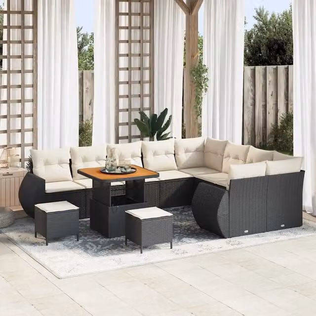 Set da giardino moderno vidaXL composto da 12 pezzi con divano a L, elementi angolari, pouf e tavolino da caffè, colore nero con struttura in metallo e cuscini inclusi – 1