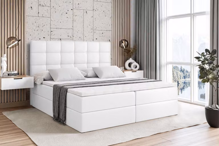 Letto boxspring ALTDECOR con materasso e rete a doghe - BRUGO - 180x200 cm - Pelle finta bianca - Letto boxspring, topper, letto imbottito con contenitore, letto con spazio contenitivo H4 - Materasso, letto matrimoniale, letto boxspring