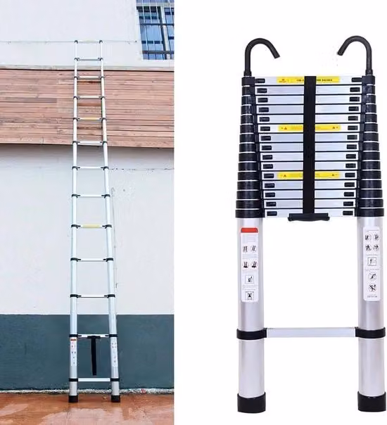 Scala Telescopica Estendibile - 6.2 m - Ladder Zavorrata - Con Ganci - 14 gradini - Multifunzionale - Facile da ripiegare - Alluminio