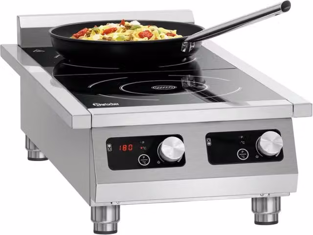 Fornello a induzione Bartscher 35-1 TCK a 2 zone, nero e argento, con display LED e rilevamento pentole