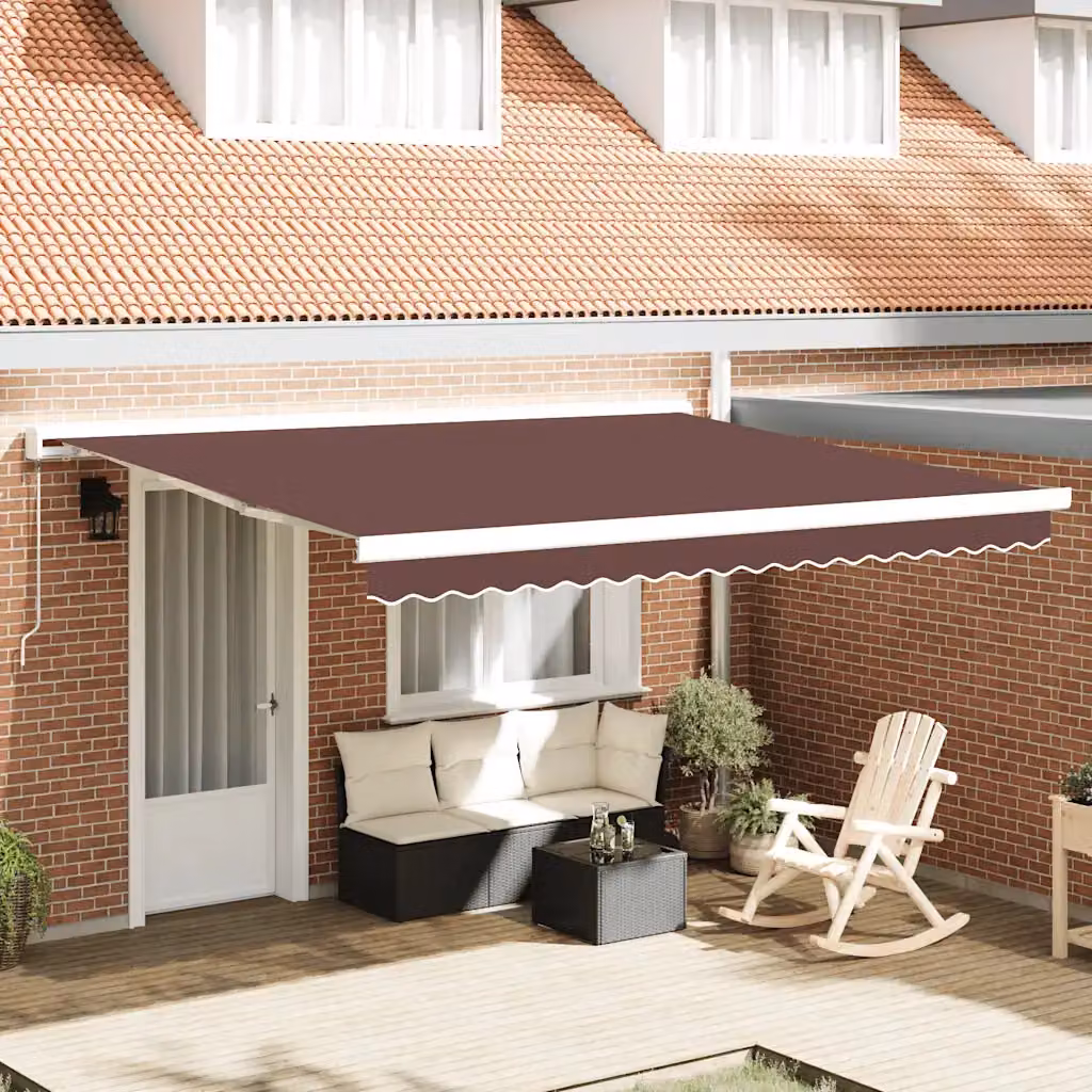 Tenda da sole retrattile manuale vidaXL con bracci pieghevoli in alluminio e tessuto in poliestere, Marrone, L: 400 cm x P: 300 cm
