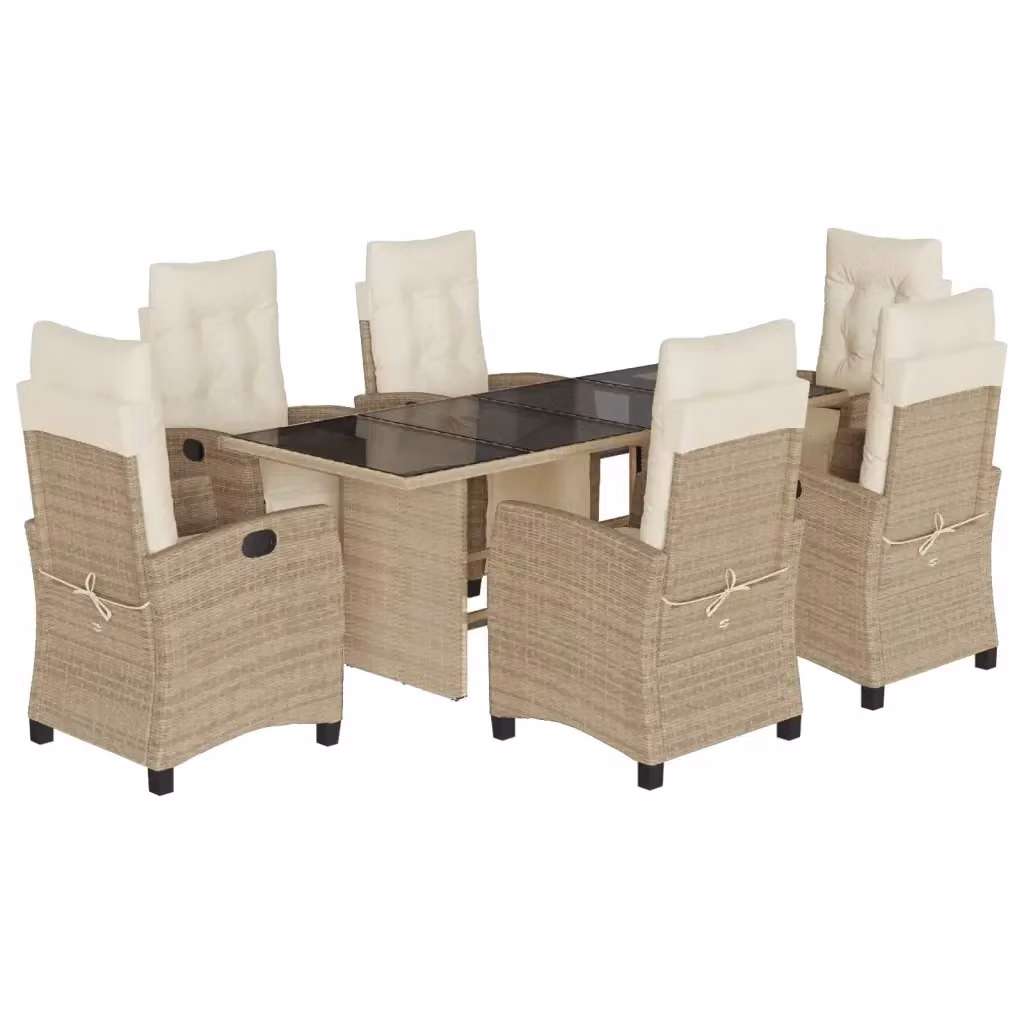 Set da pranzo da giardino vidaXL in polyrattan con cuscini beige e piano in vetro, 7 pezzi – 2