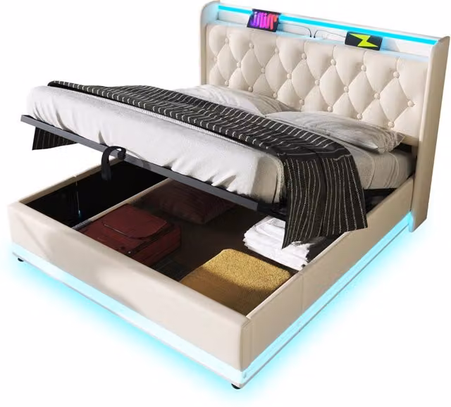 Letto matrimoniale 160 × 200 cm 2 posti con contenitore idraulico, LED, USB e Type-C, materasso incluso, bianco