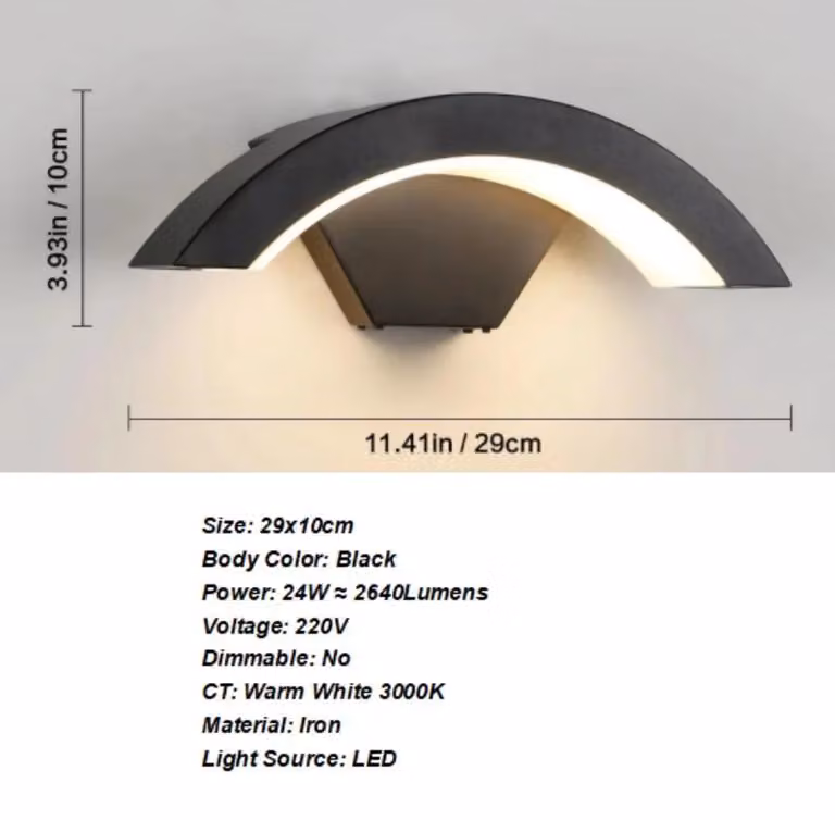 Lampada da parete esterna a LED moderna - Modello A3302 - 24 W - Luce bianco caldo 3000 K - Montaggio a parete - Luce direzionata verso l'alto - Colore nero