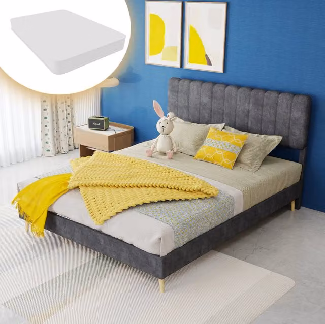 Letto matrimoniale 140x200 cm grigio in tessuto e metallo con testiera imbottita e materasso –