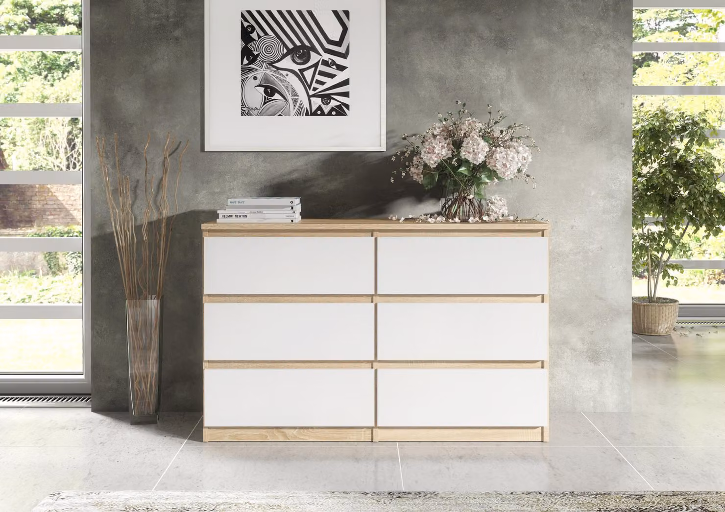 Comodino funzionale da 120 cm con 6 cassetti e ampio spazio di archiviazione