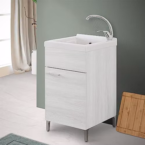 Mobile lavatoio Lavanderia 45x50 Rovere Bianco, in Legno con Vasca lavapanni in Ceramica, 1 Anta e Kit di Scarico Incluso
