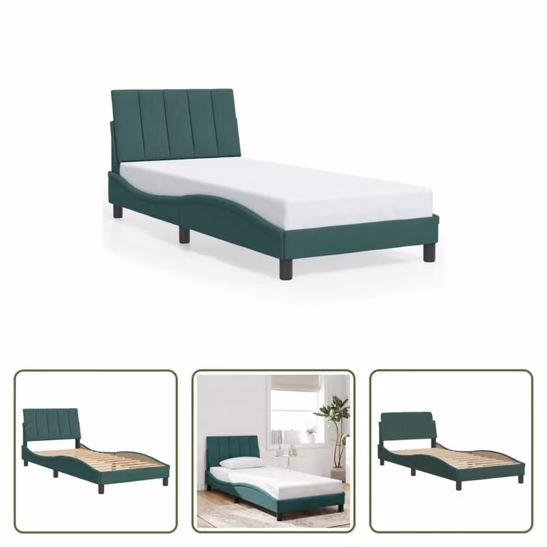 The Living Store Struttura letto con testiera in velluto verde scuro 80x200 cm