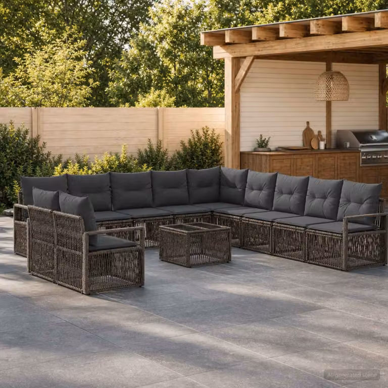 Set Divano da Giardino vidaXL 12 pz Grigio in Polyrattan con Cuscini e Tavolino da Moderno Design a Forma di U