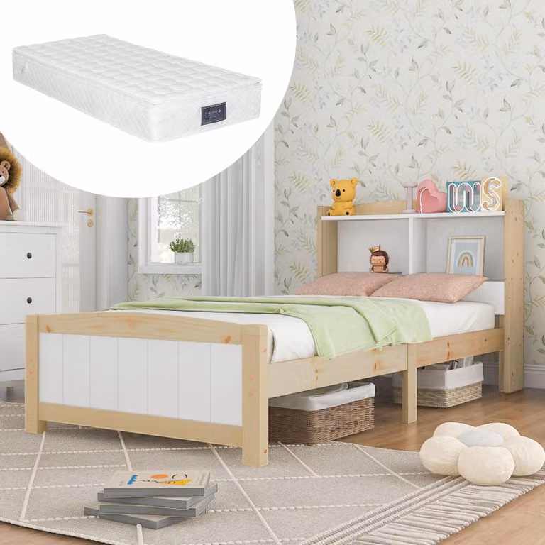 Letto singolo in legno massiccio con testiera, 90 x 200 cm, letto per bambini letto per ragazzi con materasso