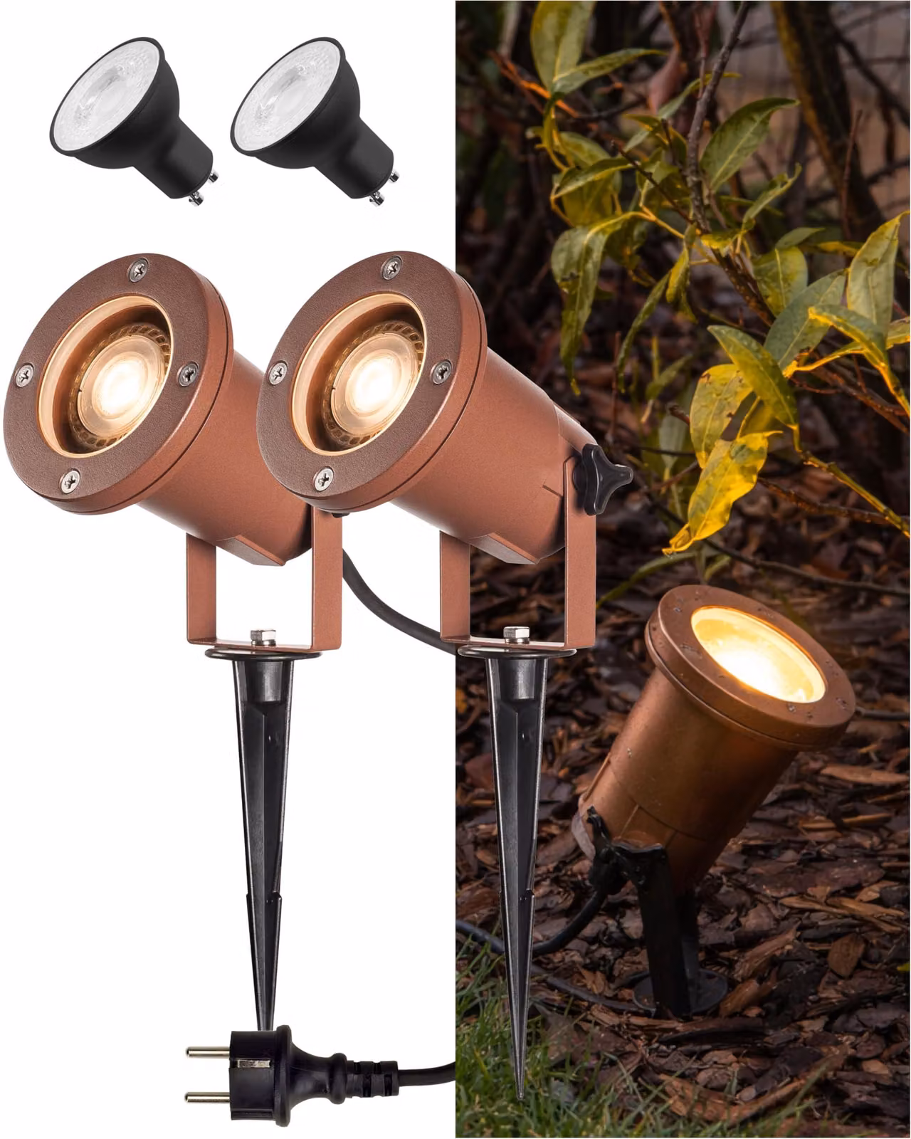 Set di 2 faretti da incasso a pavimento Nautilus XL, grado di protezione IP65, attacco GU10, colore ruggine, cavo da 1,5 metri