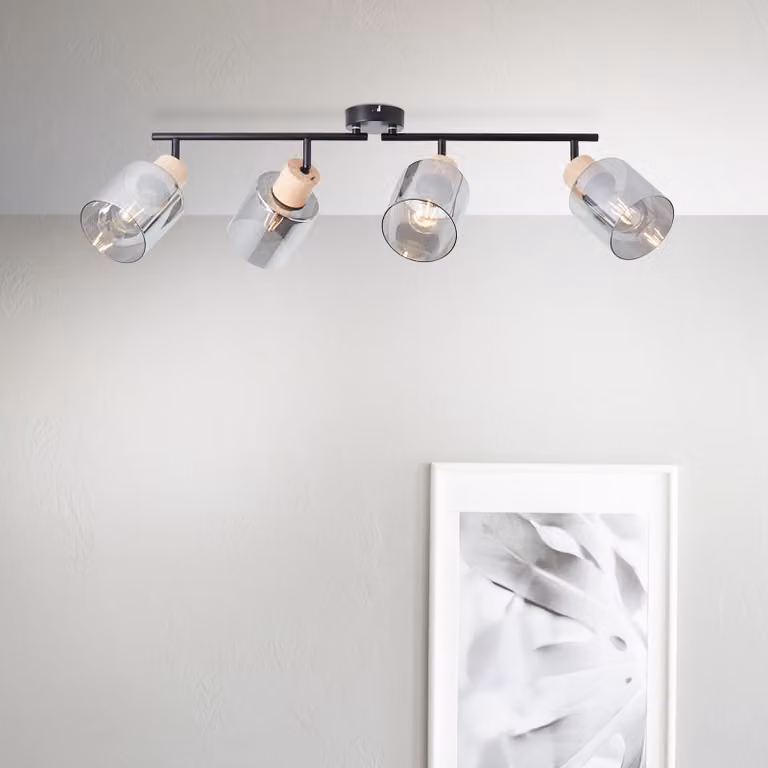 BRILLIANT WEALD faretto tubo 4flg nero/fumo/legno | faretto da soffitto con paralume color fumo | 4 x E27 max. 40 W | metallo/vetro/legno