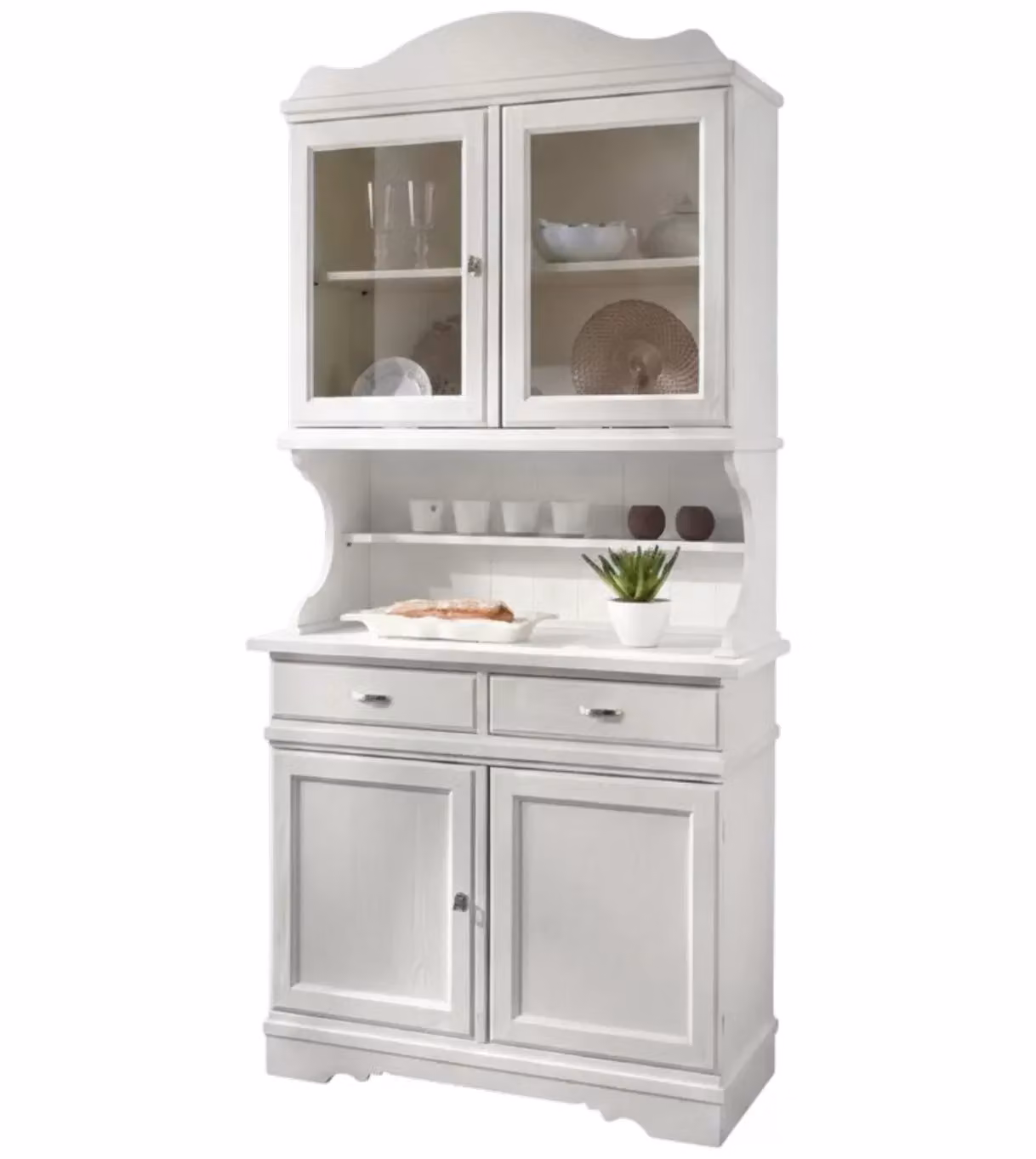 Cristalliera shabby chic in legno massello di Mobili2g con 4 ante e 2 cassetti, colore bianco opaco, L: 105 cm, P: 52 cm, H: 210 cm – 1