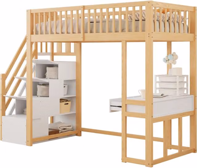 Letto a soppalco 90x200 cm con scrivania multifunzione e scala contenitore in pino
