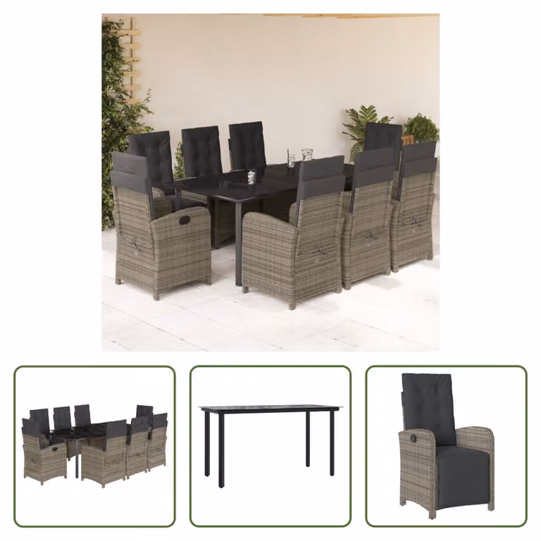 The Living Store Set da pranzo da giardino 9 pezzi con cuscini in poly rattan grigio