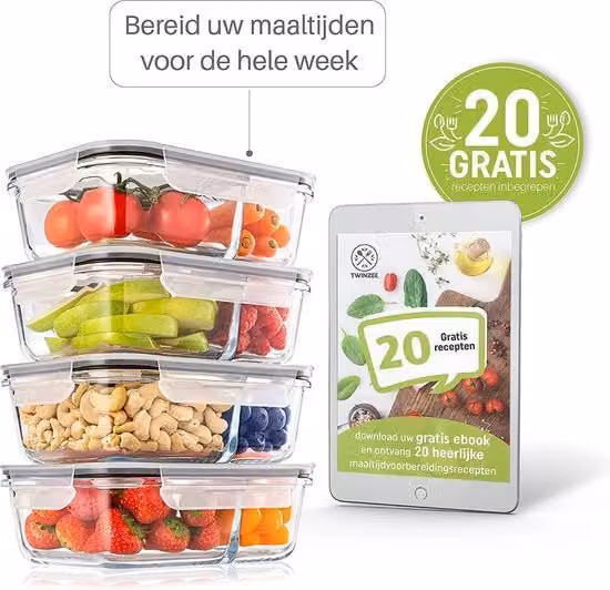 Set di 4 contenitori alimentari ermetici in vetro trasparente Twinzee