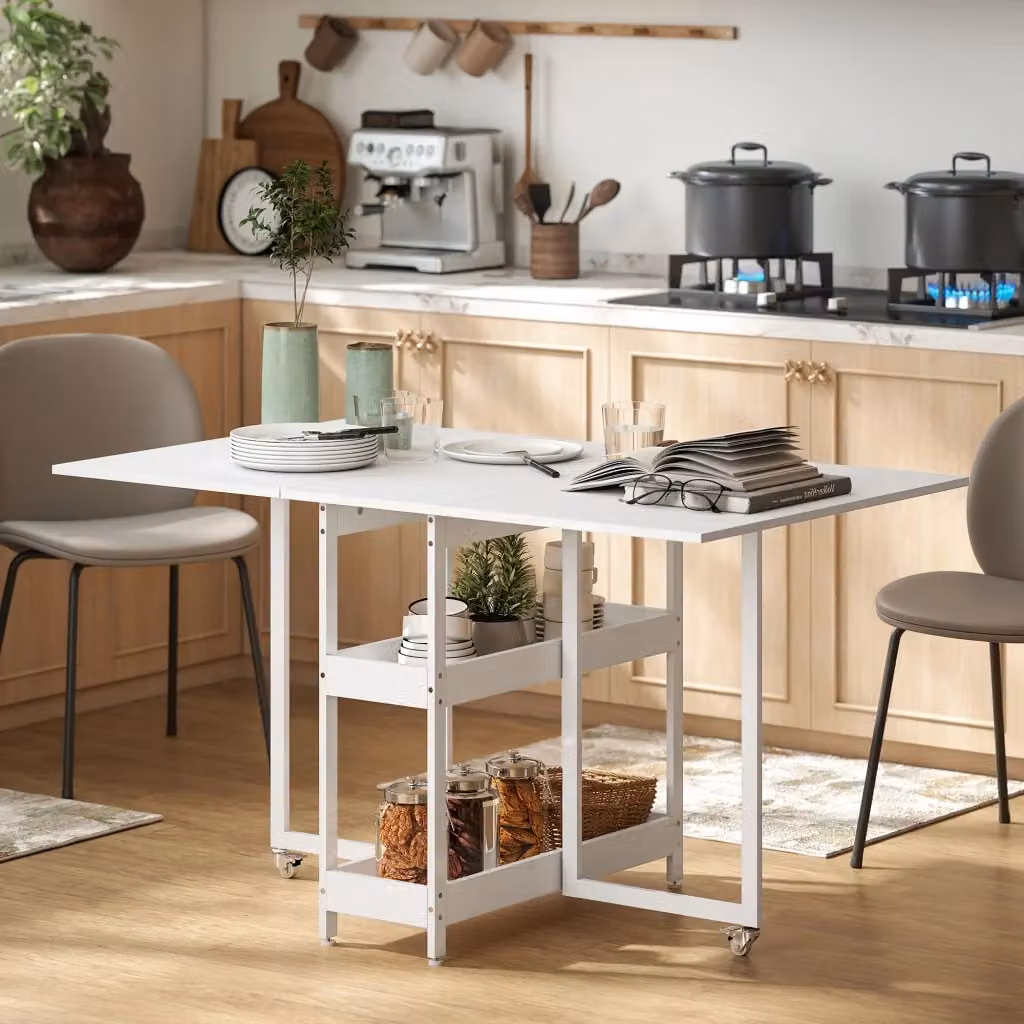 Tavolo Pieghevole Moderno Giordanoshop con Ribalte e Ruote in Legno e Metallo Bianco L: 133,4 cm, P: 80 cm, H: 75 cm – 2