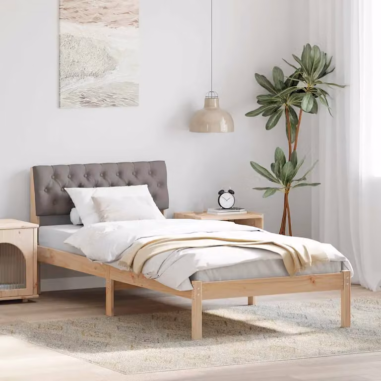 Struttura del letto moderna vidaXL in legno di pino con testiera imbottita, colore marrone e beige, 90 x 200 cm