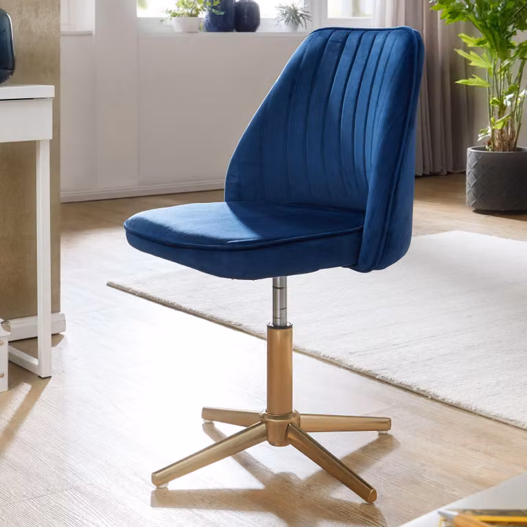FineBuy Sedia da scrivania in velluto, sedia girevole blu con schienale, sedia a scocca, portata 120 kg, regolabile in altezza, sedia da lavoro senza rotelle, sedia da scrivania per l'ufficio a casa