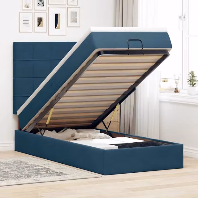 Letto con contenitore a sollevamento vidaXL in velluto blu e bianco con materasso, L 190 cm x P 90 cm x H 128 cm – 1
