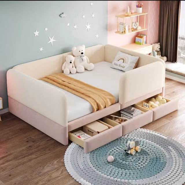 Letto per bambini WISHDOR imbottito in velluto con 3 cassetti contenitore, sponde di sicurezza e angoli arrotondati, L/P/H: 200 x 140 x 87 cm, beige/rosa