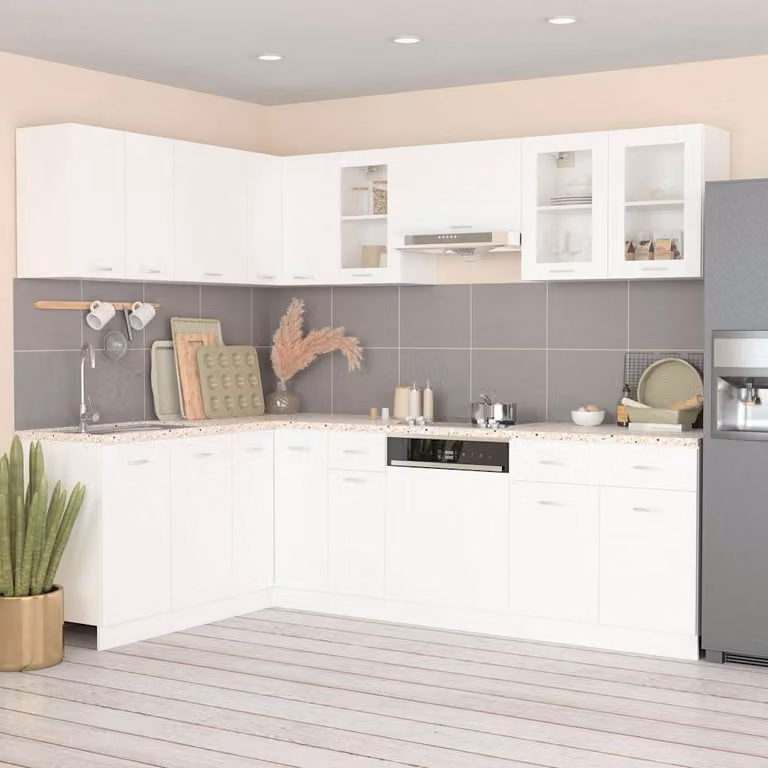 Set di armadi da cucina moderno vidaXL Lyon composto da 11 pezzi in bianco con ante in vetro e ripiani interni
